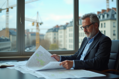 Urbaniste français examine des plans en bureau moderne