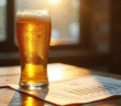 Verre de bière dorée glacée sur une table en bois avec graphique d alcool