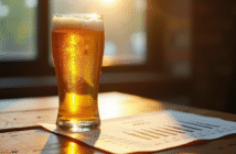 Verre de bière dorée glacée sur une table en bois avec graphique d alcool