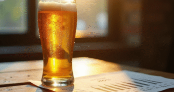 Verre de bière dorée glacée sur une table en bois avec graphique d alcool