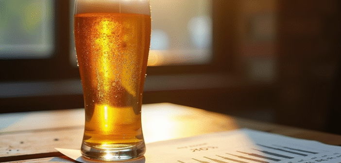Verre de bière dorée glacée sur une table en bois avec graphique d alcool