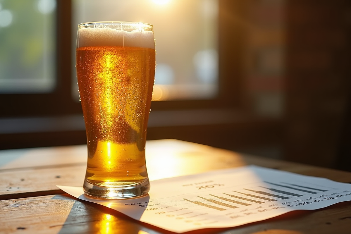 Verre de bière dorée glacée sur une table en bois avec graphique d alcool