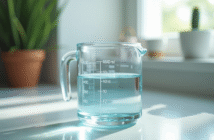 Verre doseur rempli de 400 ml d'eau en gros plan