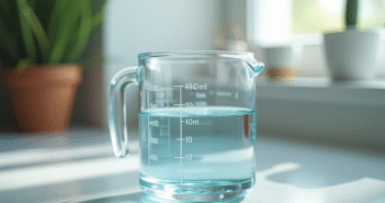 Verre doseur rempli de 400 ml d'eau en gros plan