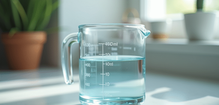 Verre doseur rempli de 400 ml d'eau en gros plan