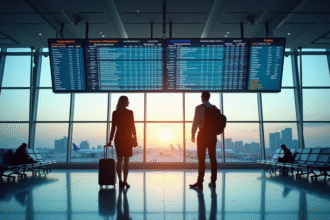 Deux personnes dans un aéroport regardant le tableau des départs