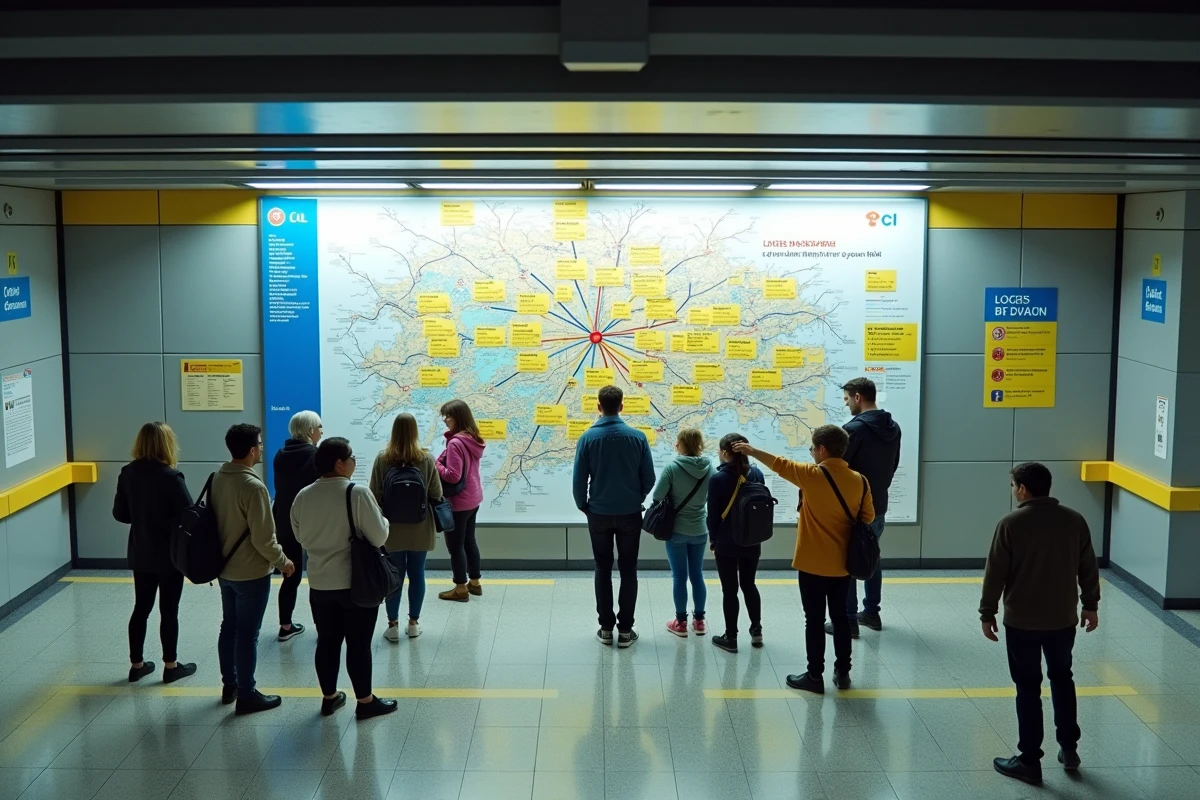 Voyageurs devant un plan TCL en station de métro lyonnaise avec signalétique de travaux