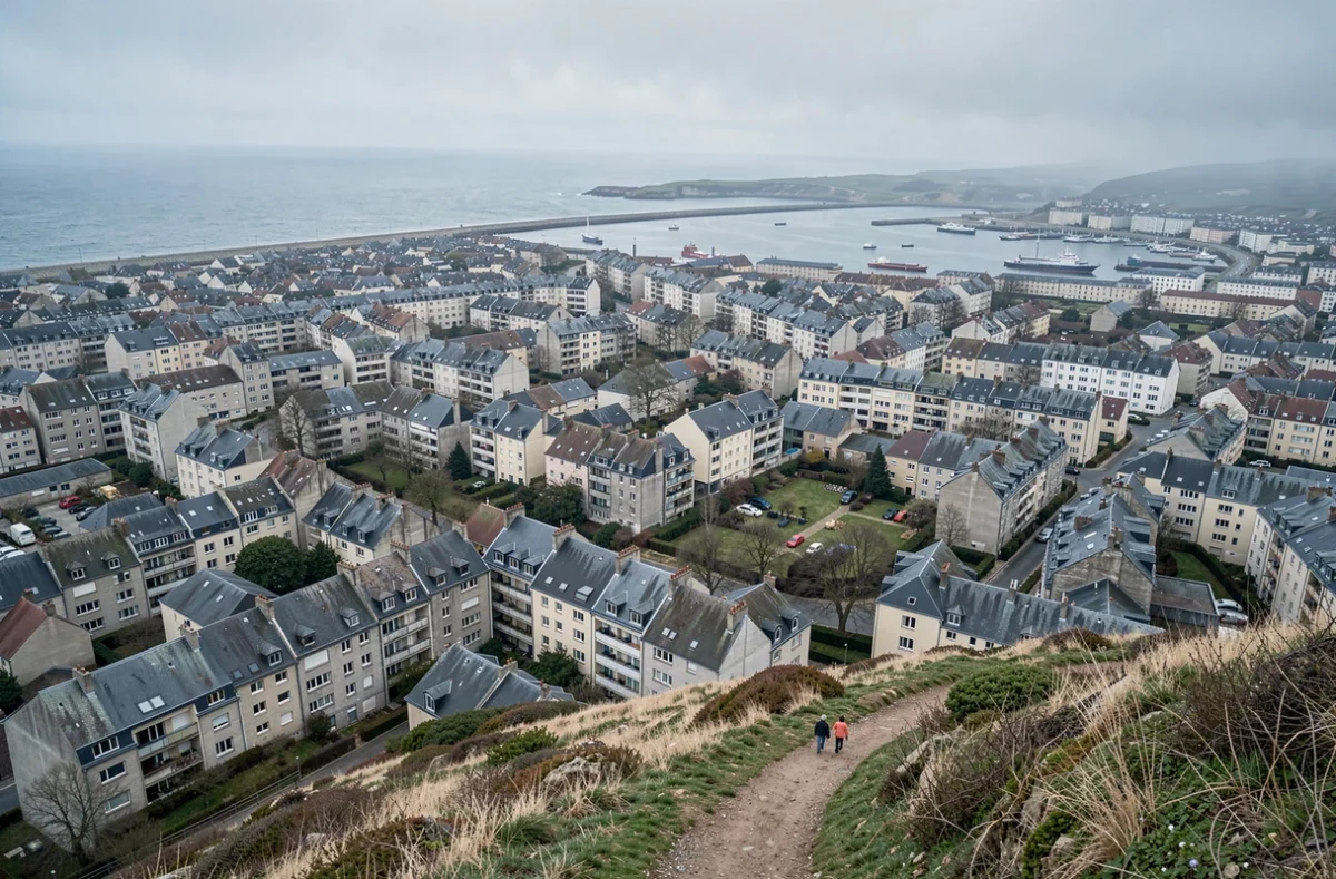 Vue panoramique en hauteur de la ville de Brest avec quartiers résidentiels bretons et le port en arrière-plan