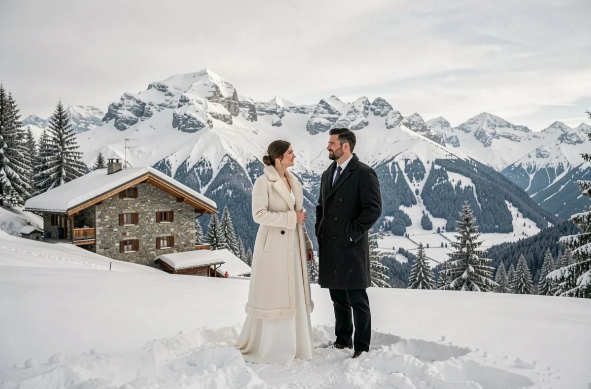 Couple de mariés dans un décor enneigé en Savoie photographié par Xavier Decoopman